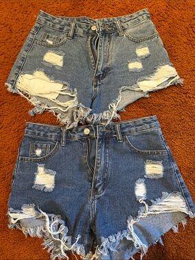 SHEIN Distressed High-Waist Denim Shorts in Blue